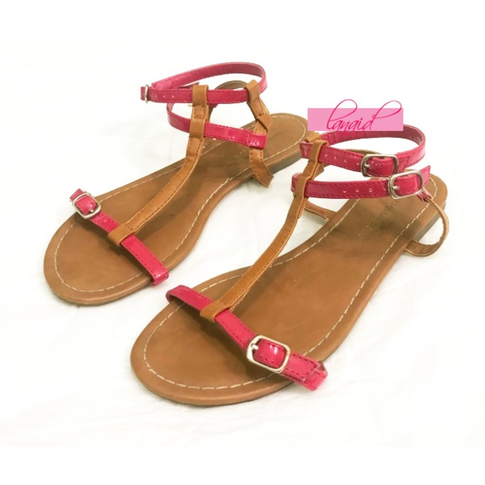 Hot Pink Tan T-Strap Flat Strappy Vegan Faux Leather Edgy Buckle Summer Sandals